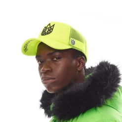 CLEAN SHIMUCHAN LOGO MESH BACK TRUCKER HAT IN NEON YELLOW