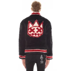 FAUX FUR VARSITY JACKET IN BLACK