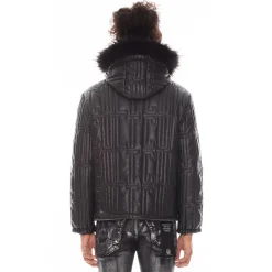 LEATHER PUFFER JACKET WITH FUR HOOD IN BLACK