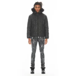 LEATHER PUFFER JACKET WITH FUR HOOD IN BLACK