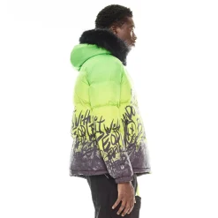PUFFER JACKET WITH FUR HOOD IN NEON YELLOW