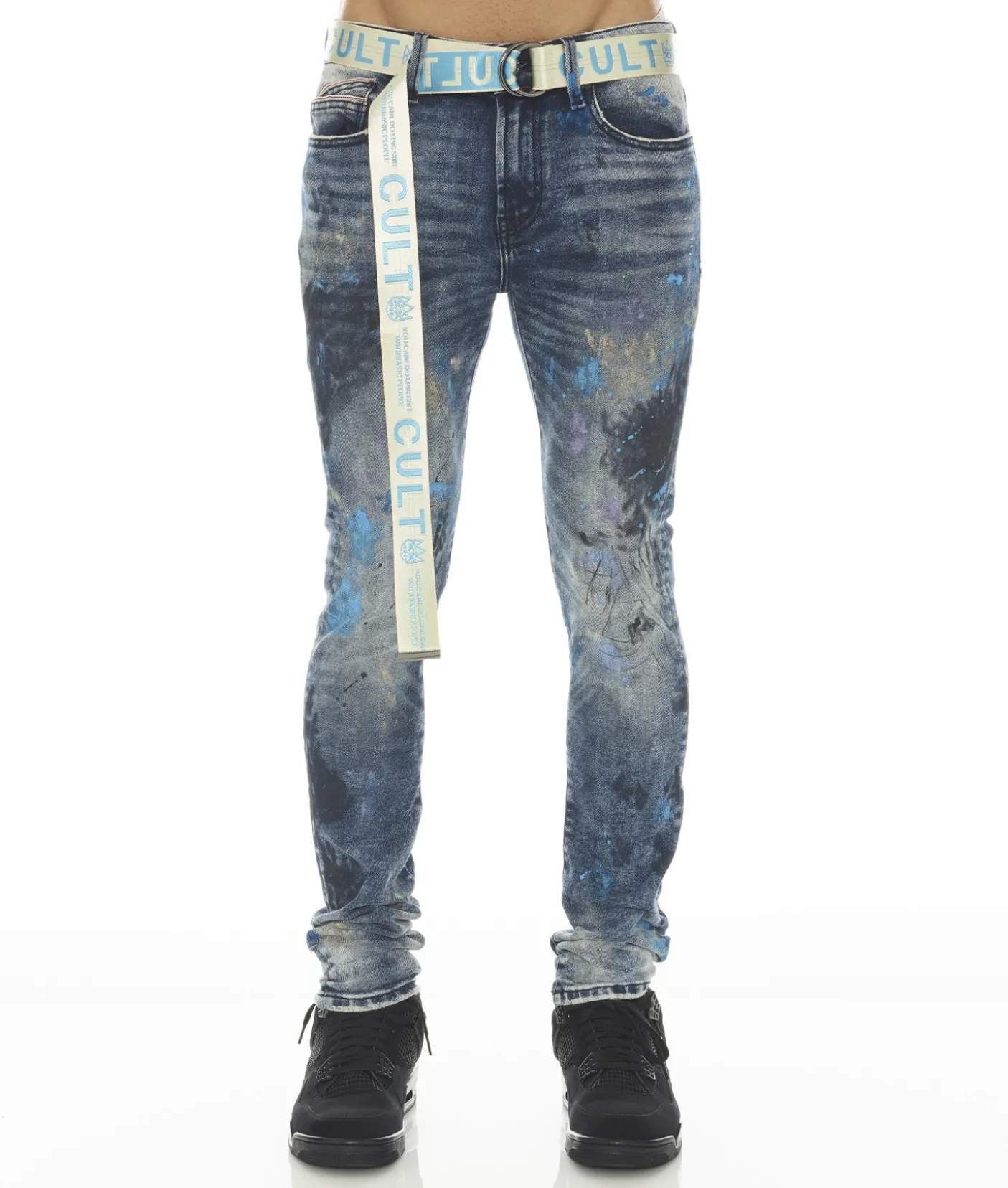 PUNK SUPER SKINNY STRETCH W/BABY BLUE BELT IN ABSTRACT