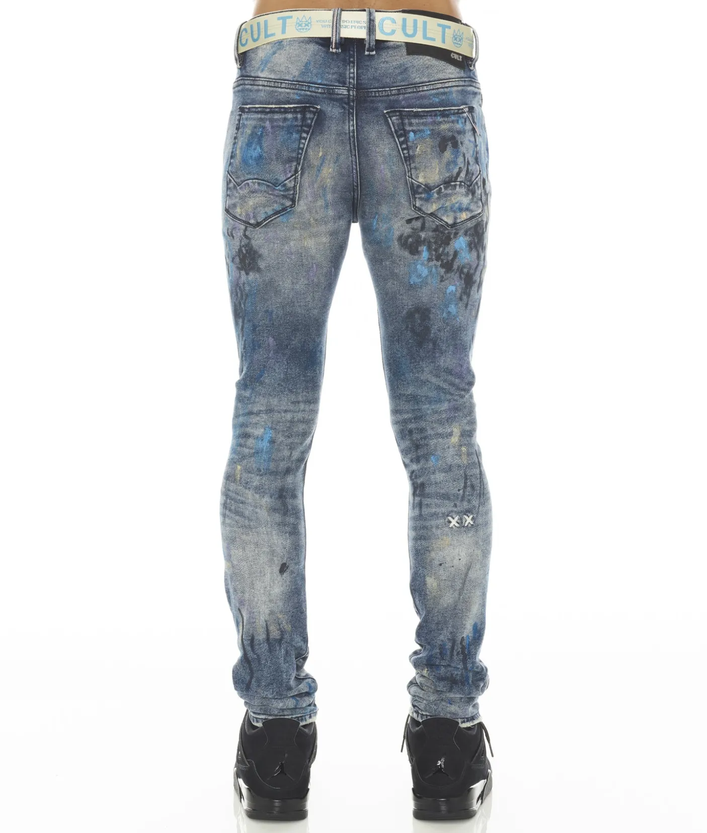 PUNK SUPER SKINNY STRETCH W/BABY BLUE BELT IN ABSTRACT
