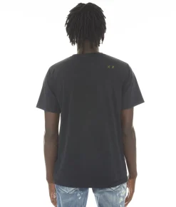 SHORT SLEEVE CREW NECK TEE "ROLLING STONED" IN BLACK/AC DC WASH