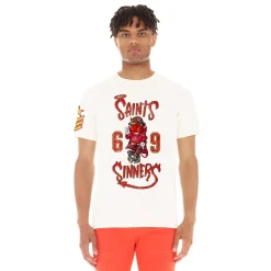 SHORT SLEEVE CREW NECK TEE "SAINTS & SINNERS" IN WINTER WHITE