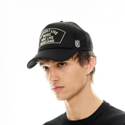 SUPPORT LIVE MUSIC MESH BACK TRUCKER HAT IN BLACK